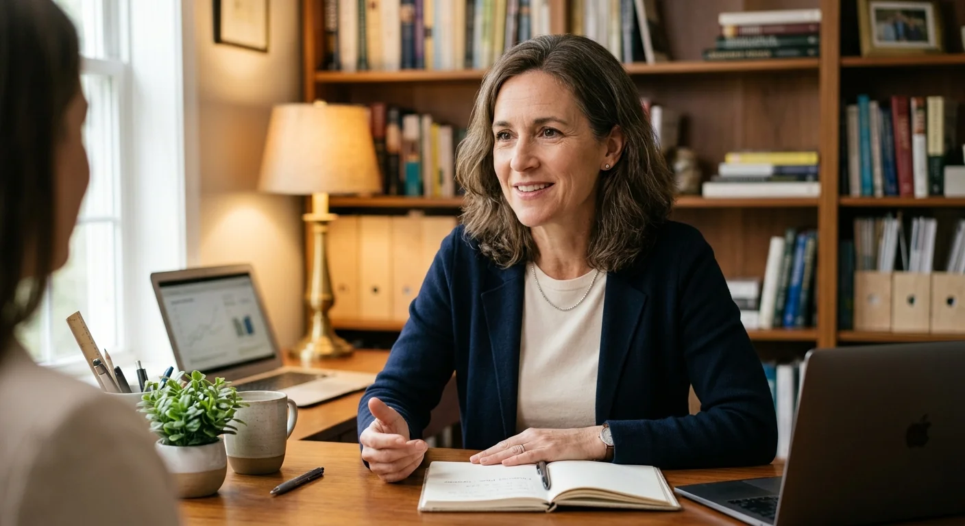 An empathetic female financial advisor smiles warmly while speaking to a client in her cozy, well-lit home office.