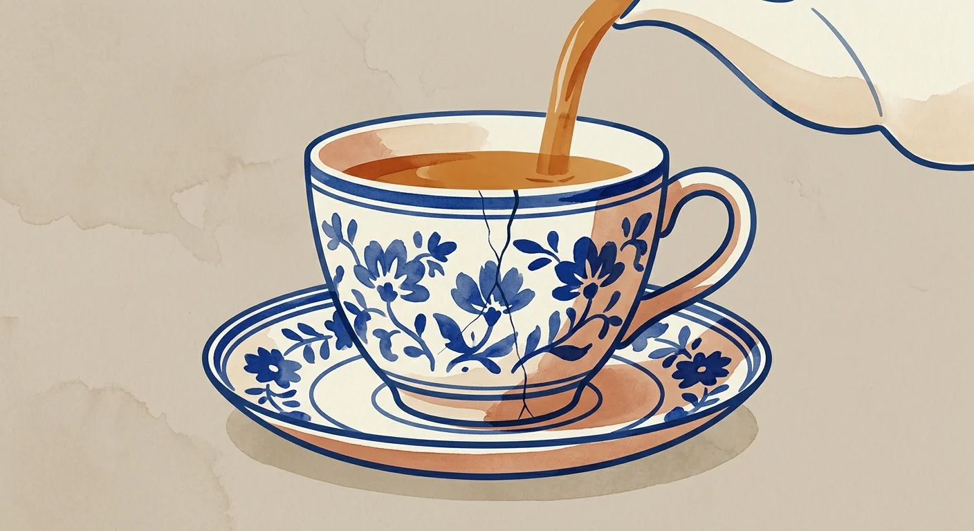 An illustration of a classic ceramic teacup with a fine hairline crack, symbolizing hidden pitfalls in household transitions.