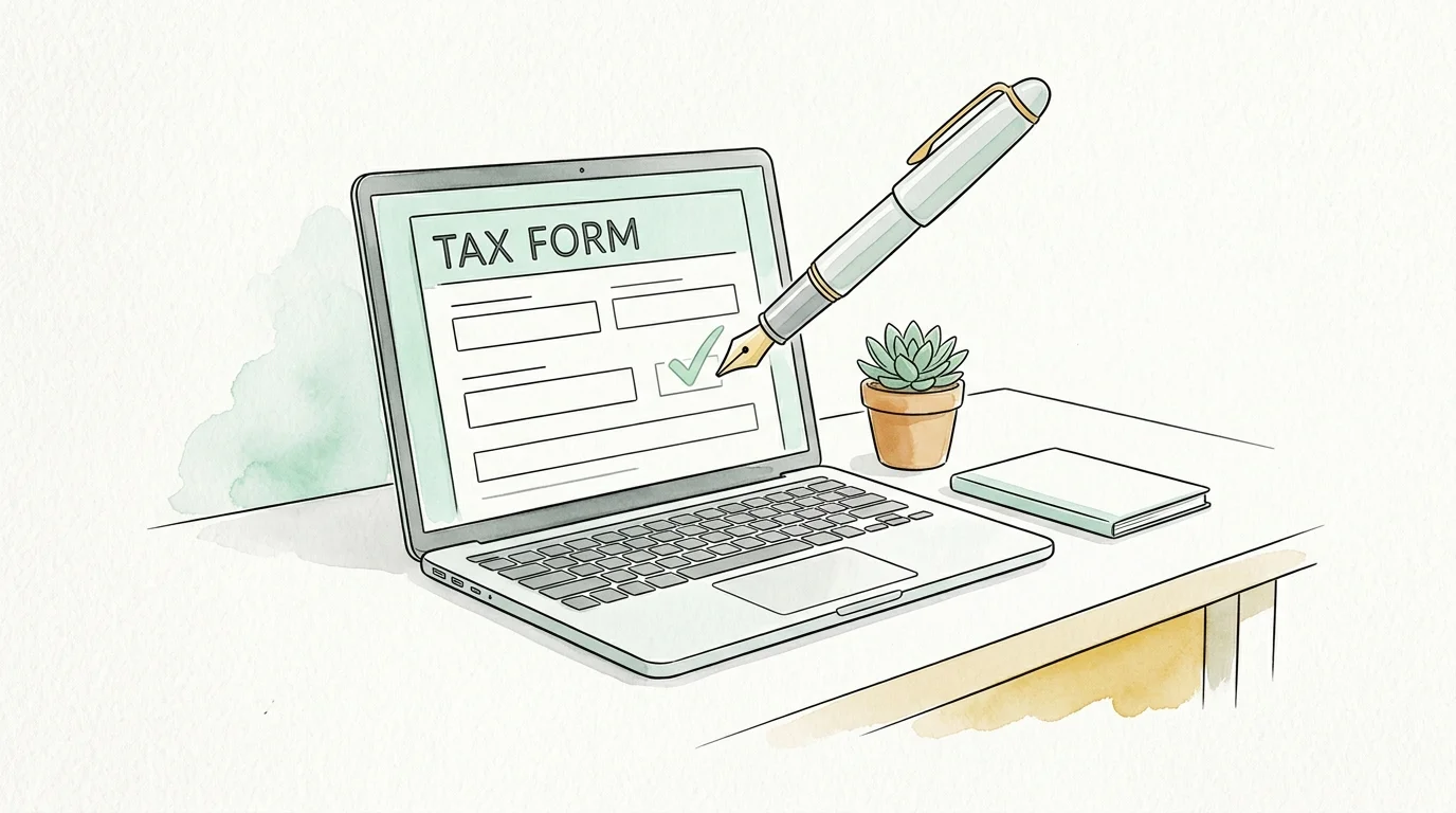 An illustration of a laptop showing a simplified digital tax form with a hand-drawn pen marking a box.