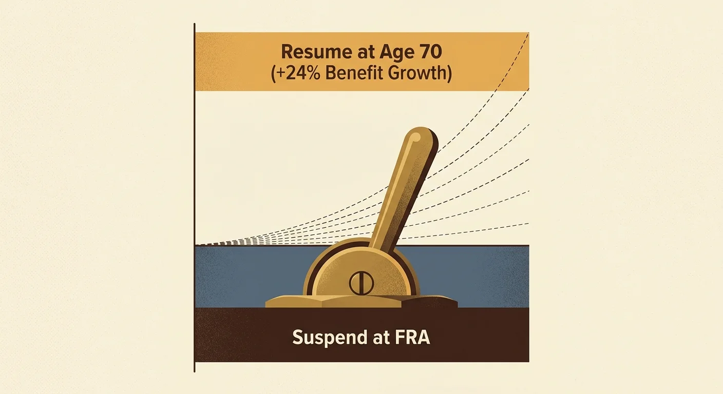 An illustration of a mechanical switch moving from Suspend to Resume at Age 70, representing benefit growth.