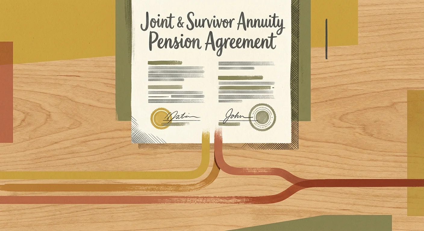 An illustration of a pension document with two lines merging into a single path, representing a joint annuity transition.
