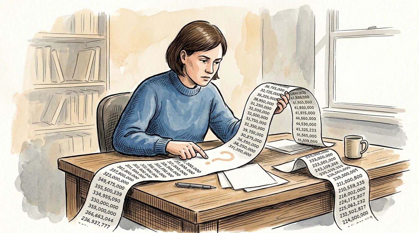 An illustration of a person inspecting a long scroll of wage numbers with a noticeable blank gap and a question mark.