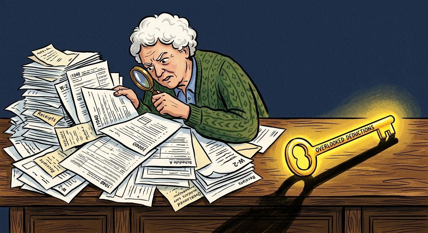 An illustration of a retiree looking at papers with a magnifying glass, missing a golden key labeled Overlooked Deductions.