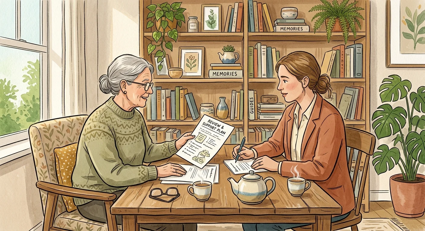 An illustration of a supportive meeting between a retiree and a financial professional in a cozy home office.