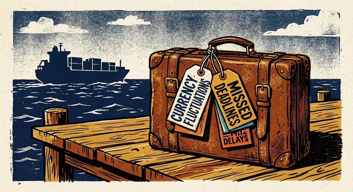 An illustration of a vintage suitcase with warning tags like Currency Fluctuation and Mail Delays as a ship sails away.