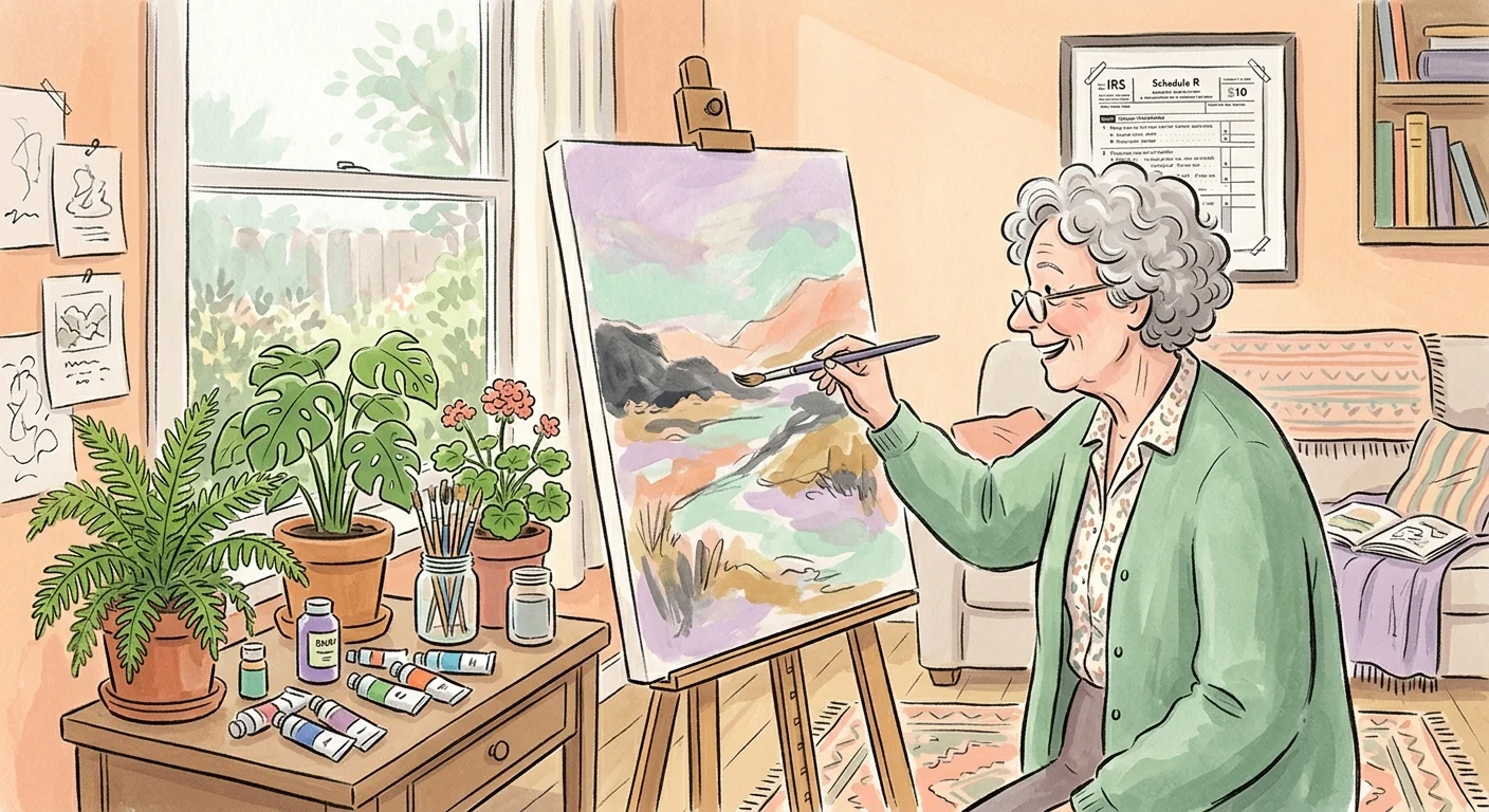 An illustration of an older artist painting in a sunny home studio, with Schedule R integrated into the background.