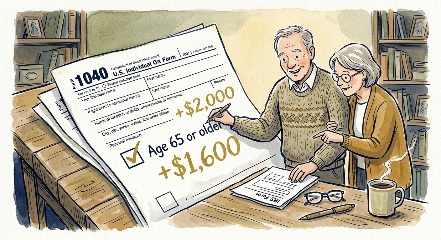 An illustration of an older couple checking the age 65 box on a giant Form 1040, showing tax savings.