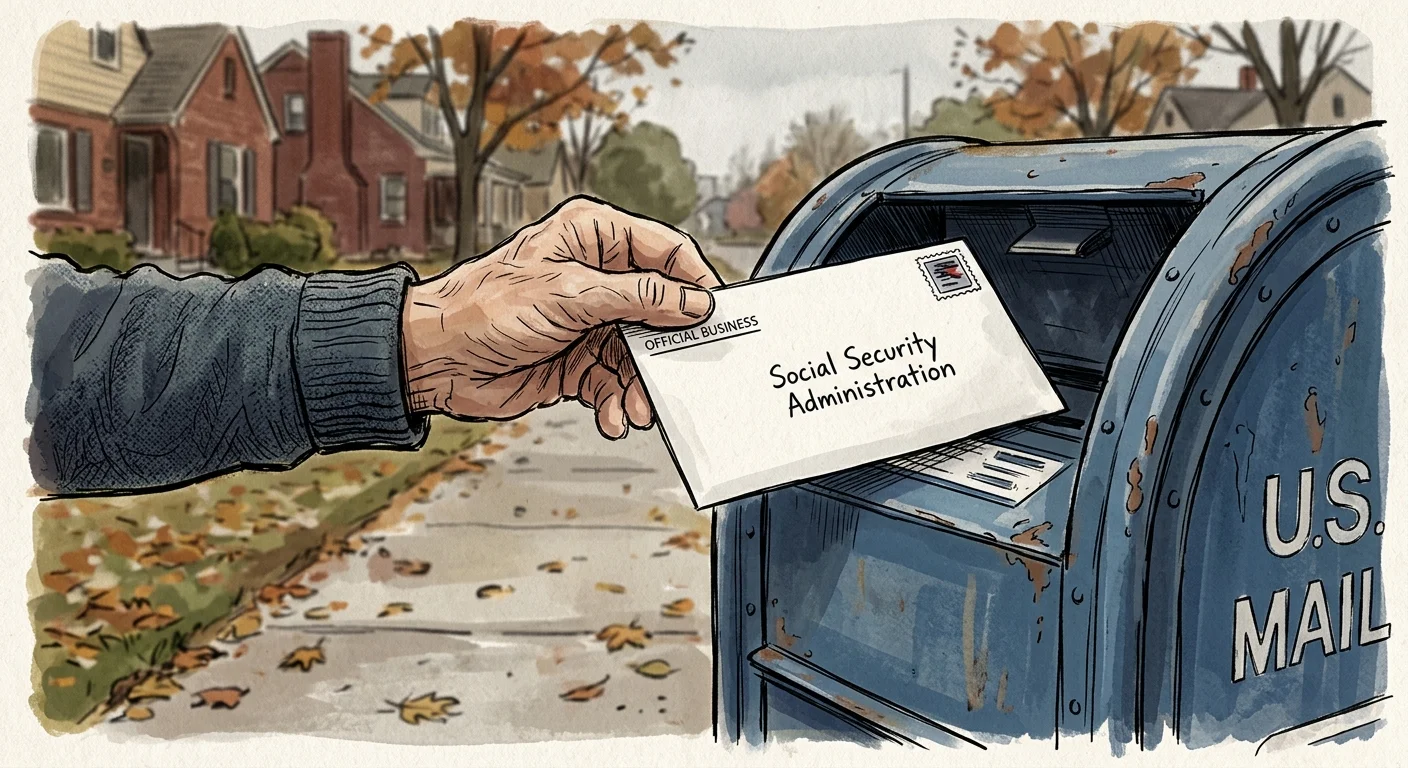 An illustration of hands mailing a letter addressed to the Social Security Administration into a blue mailbox.