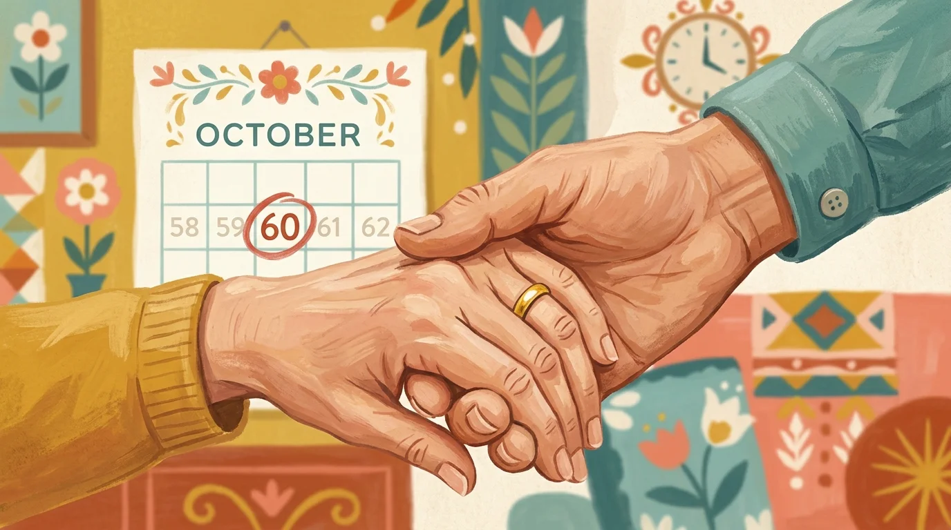 An illustration of two older hands clasped together in front of a calendar highlighting the number 60.