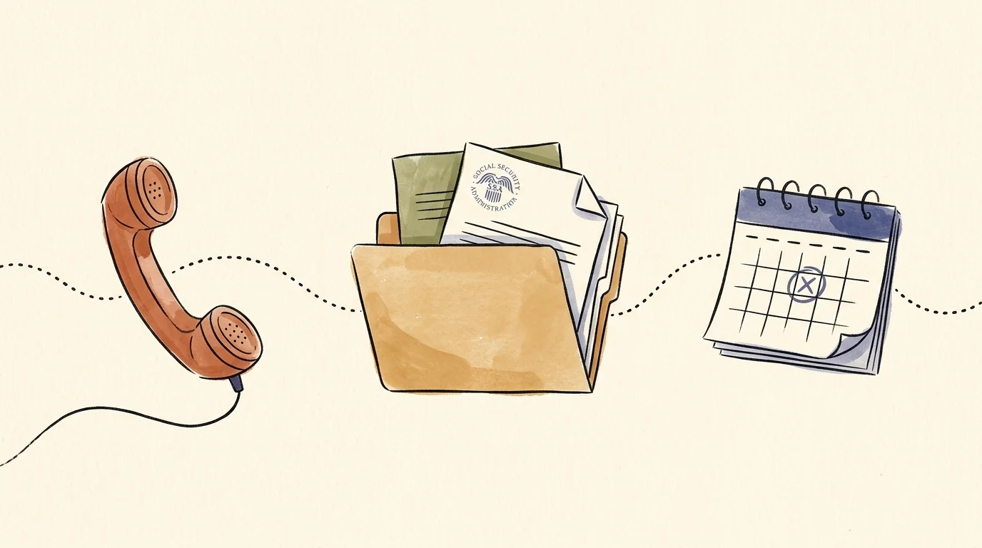 An illustration showing a telephone, a document folder, and a calendar connected by a dotted line on a cream background.