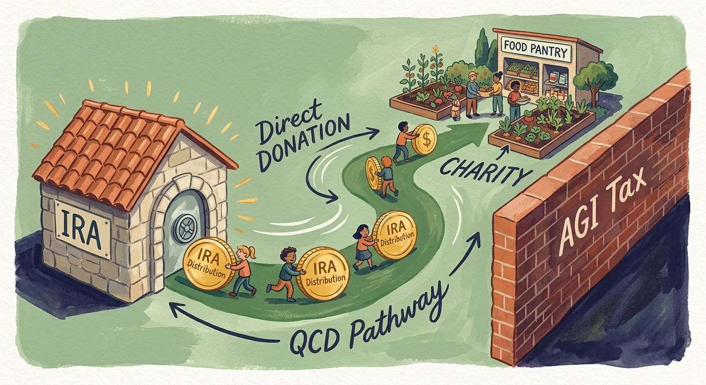 An illustration showing funds moving directly from an IRA to a charity, bypassing the AGI tax wall.