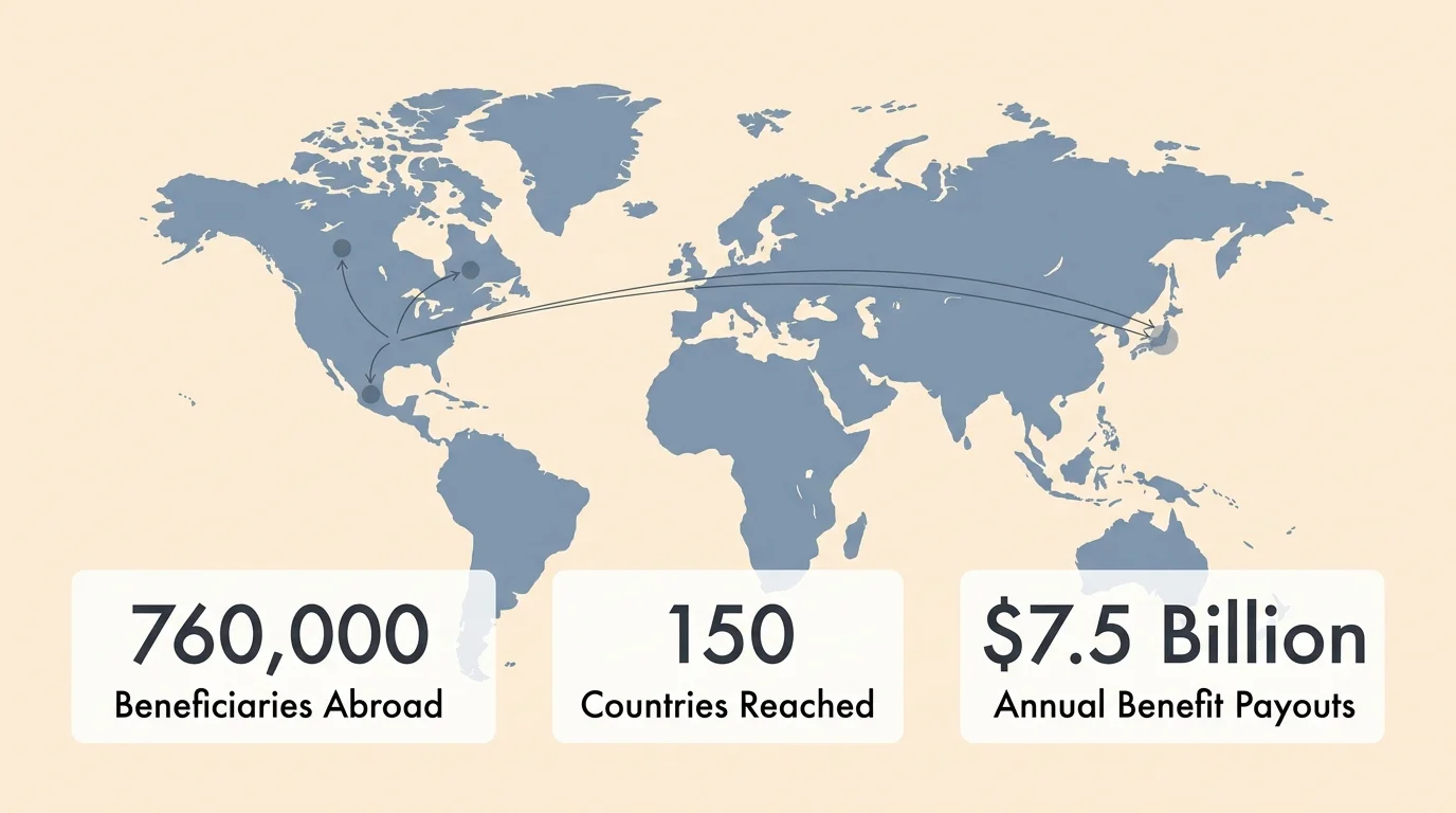 An infographic map showing that over 760,000 beneficiaries receive $7.5 billion in Social Security payouts across 150 countries.