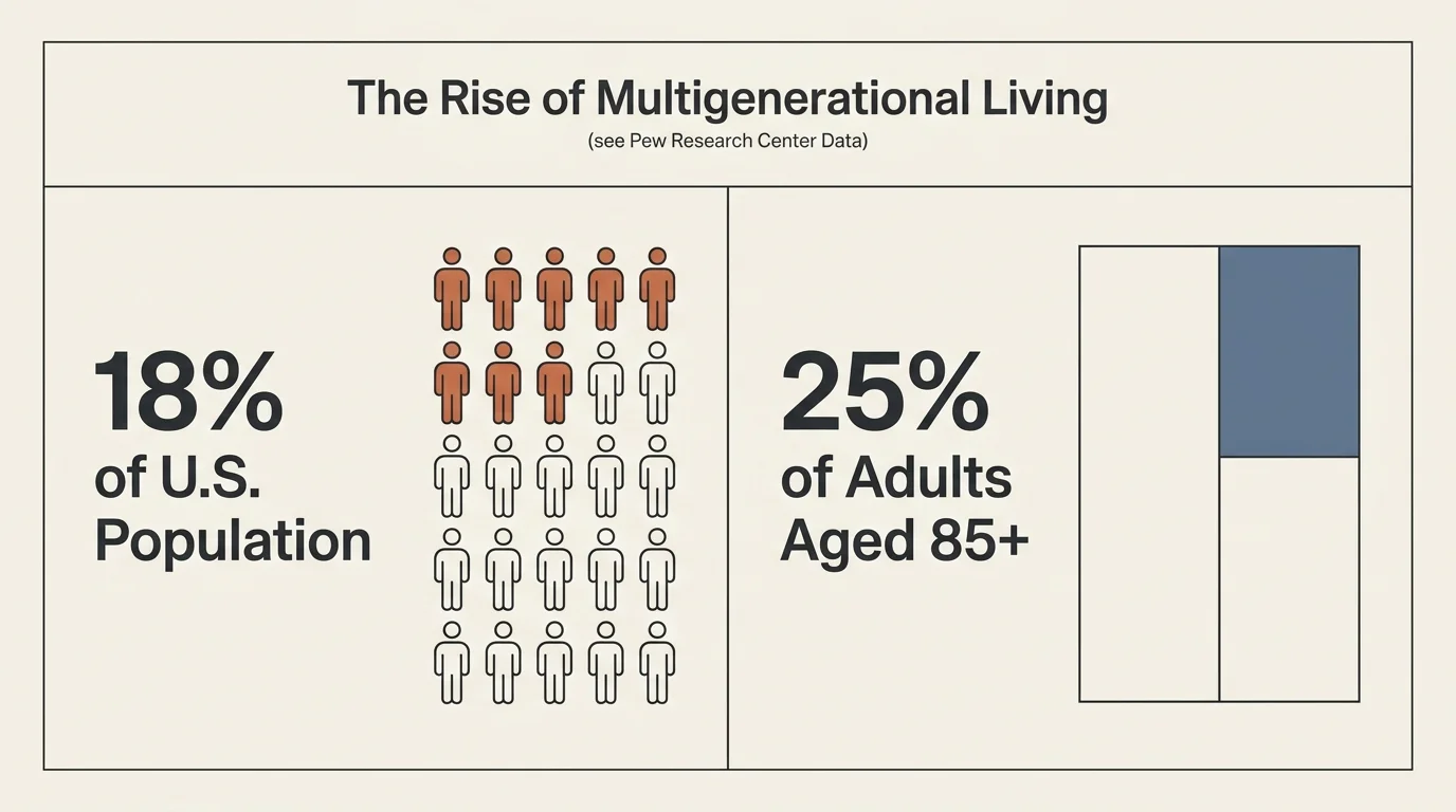 An infographic showing that 18% of the US population and 25% of adults aged 85 and older live in multigenerational households.