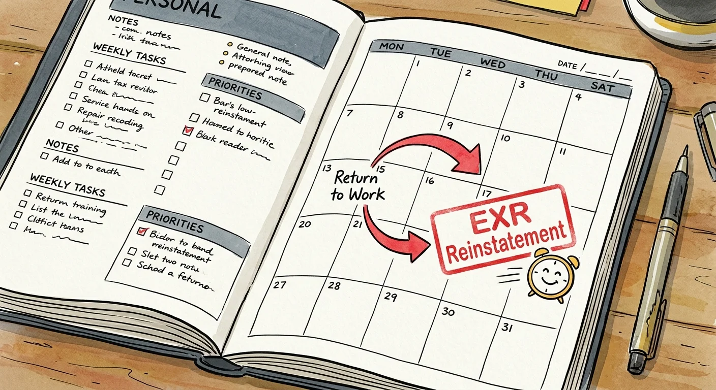 An ink and watercolor drawing of a calendar with an arrow pointing from Return to Work to an EXR Reinstatement stamp.