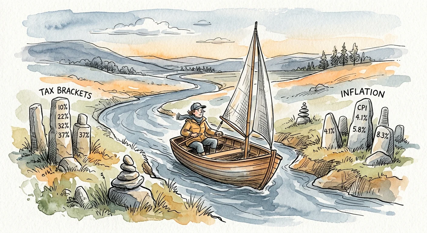 An ink and watercolor drawing of a solo sailor navigating a winding river, symbolizing the management of single taxes and inflation.