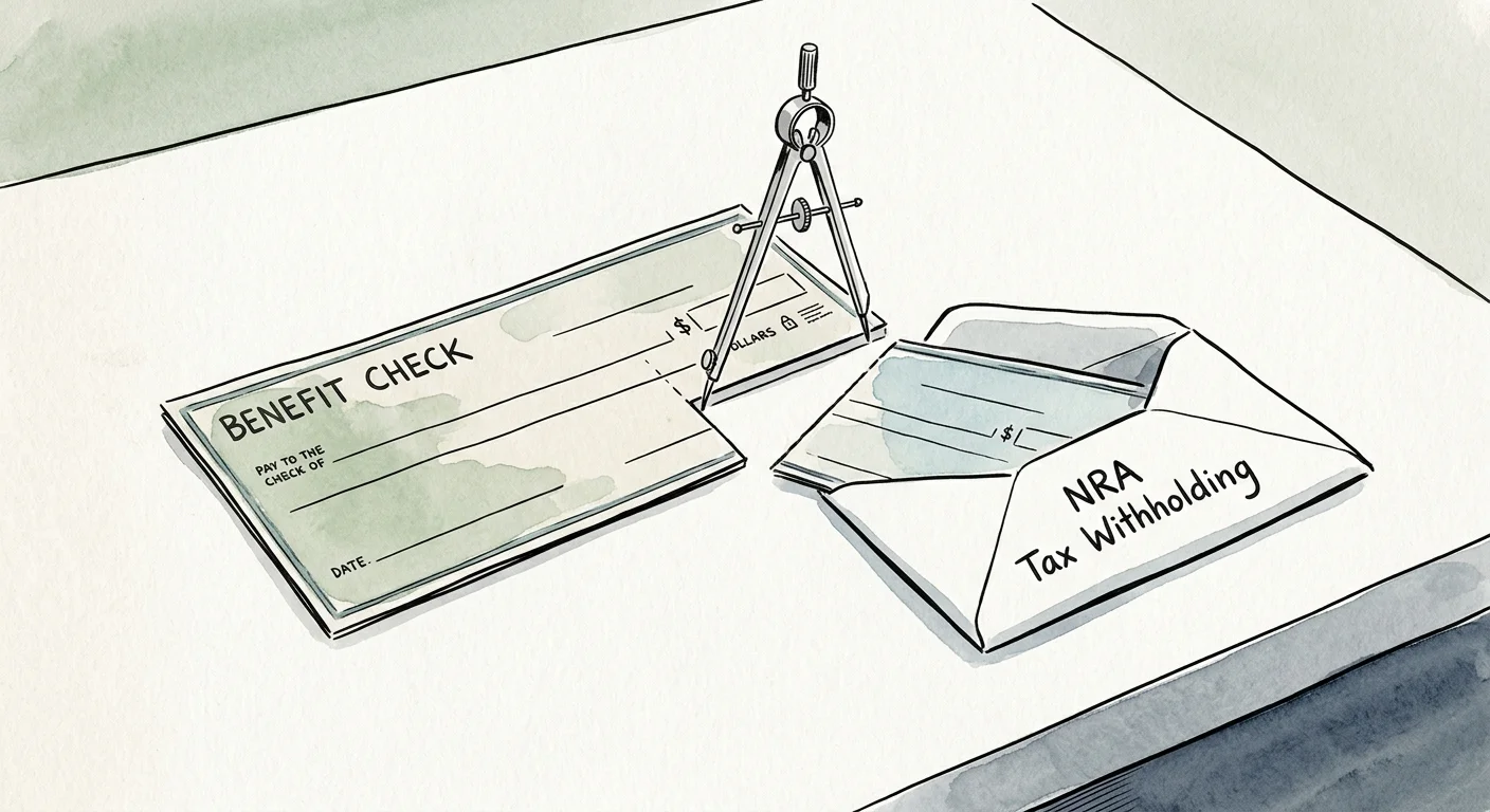 An ink and watercolor drawing showing a portion of a benefit check being partitioned off into a tax withholding envelope.