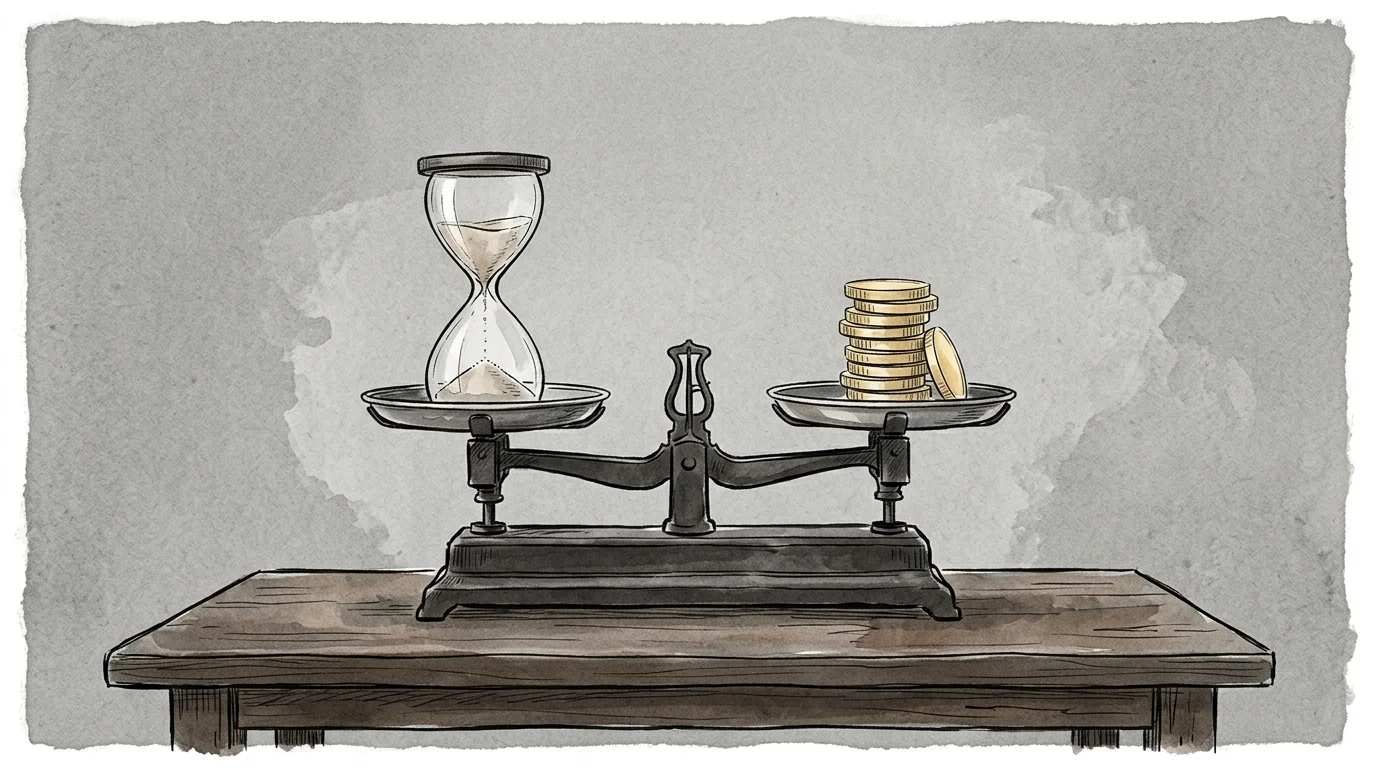 An ink and watercolor illustration of a balance scale holding an hourglass on one side and a stack of gold coins on the other.