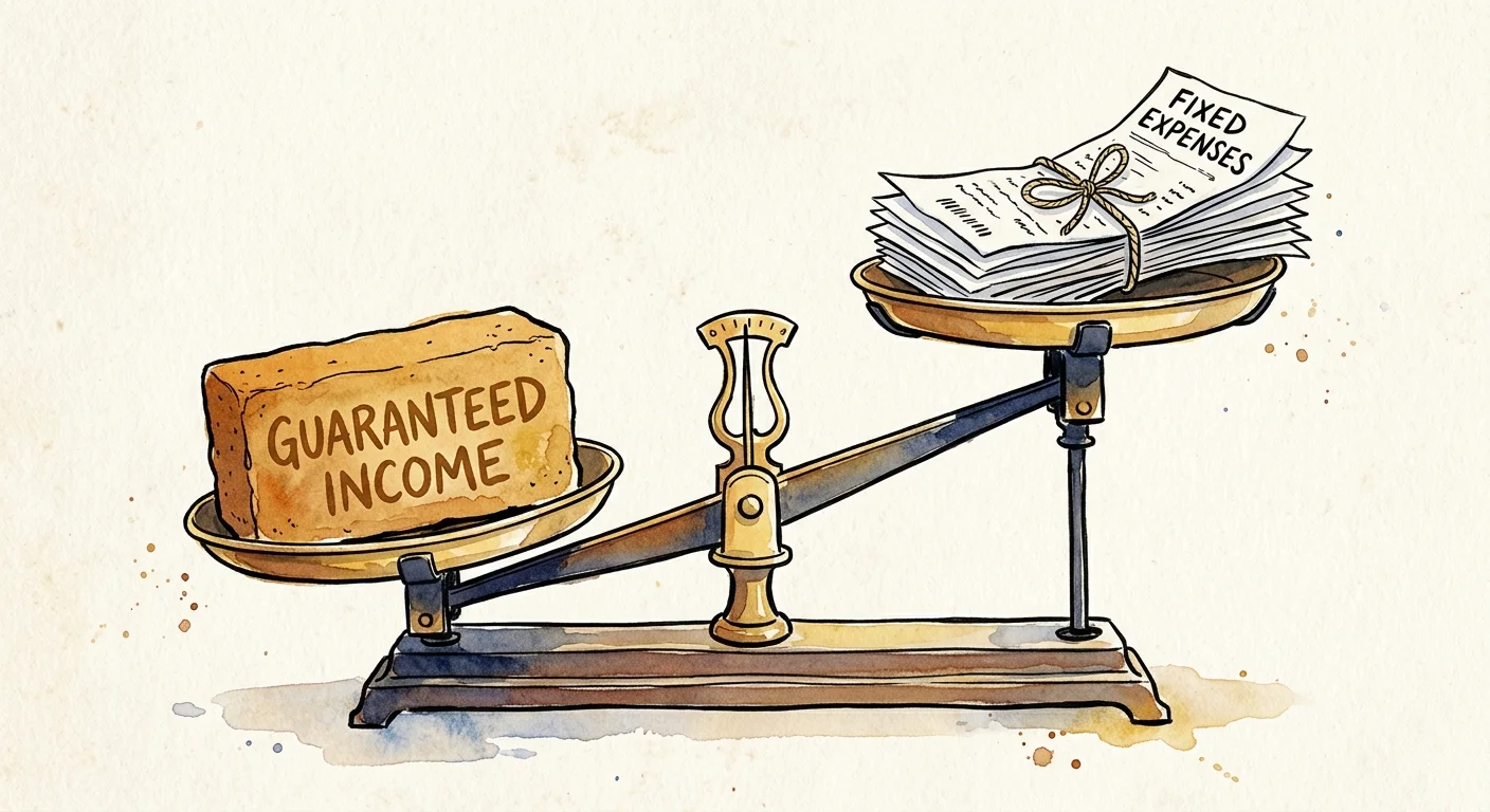 An ink and watercolor illustration of a balance scale showing guaranteed income securely outweighing fixed expenses.