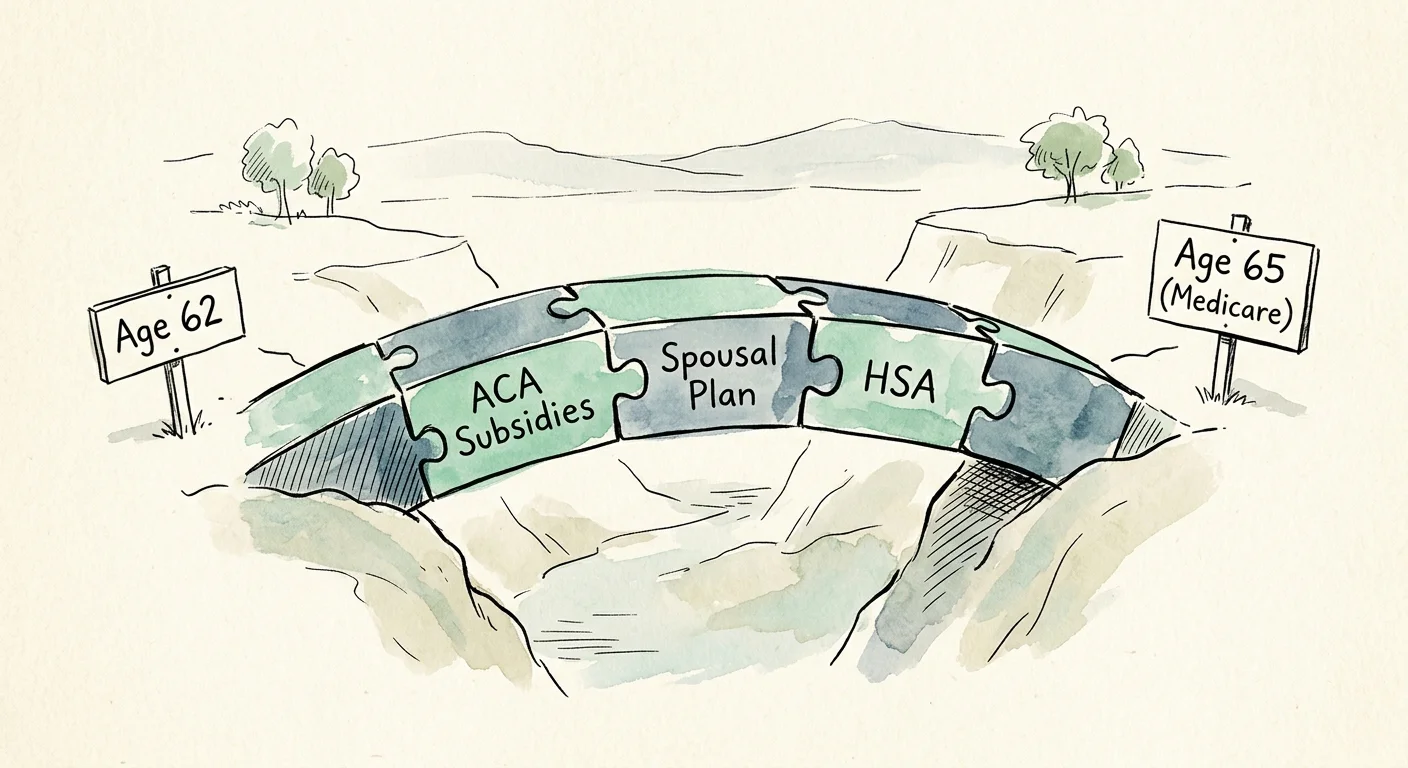An ink and watercolor illustration of a bridge labeled with health insurance options spanning from Age 62 to Age 65.