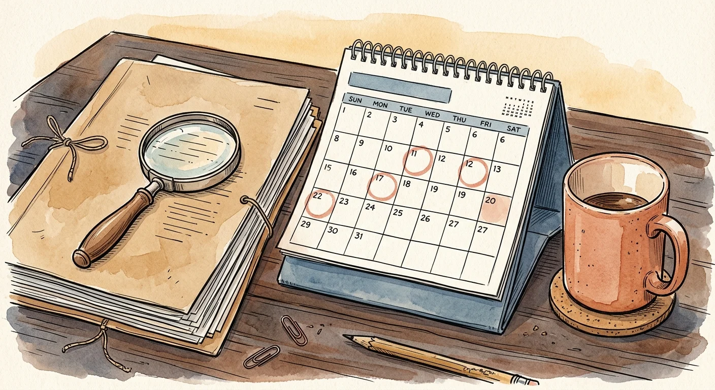 An ink and watercolor illustration of a desk with a marked calendar, a folder of papers, and a magnifying glass, representing careful planni