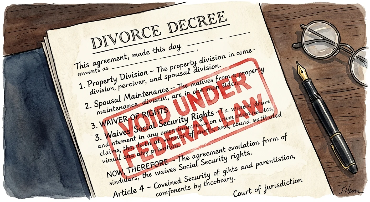 An ink and watercolor illustration of a divorce document with a giant red stamp reading 'Void Under Federal Law' across a waiver.