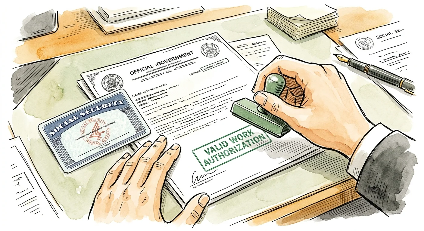 An ink and watercolor illustration of a hand stamping 'Valid Work Authorization' onto an official document next to a Social Security card.