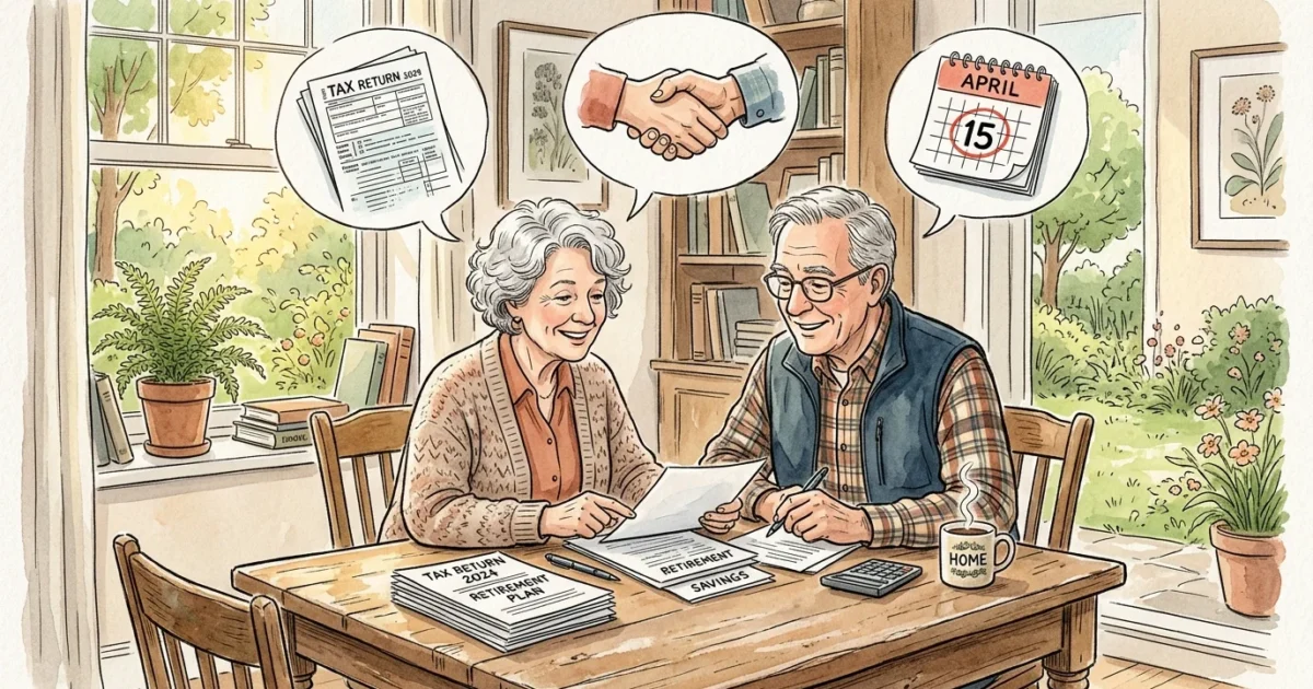 An ink and watercolor illustration of a happy senior couple reviewing papers together at a cozy dining table.
