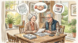 An ink and watercolor illustration of a happy senior couple reviewing papers together at a cozy dining table.