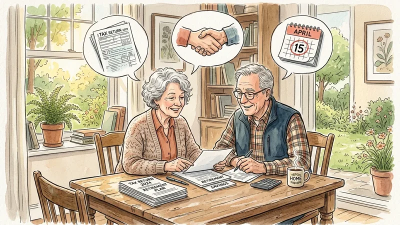 An ink and watercolor illustration of a happy senior couple reviewing papers together at a cozy dining table.