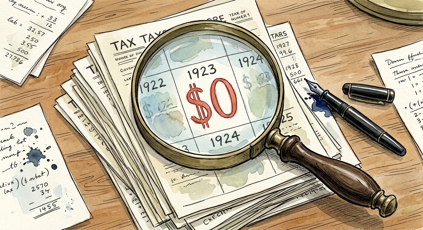 An ink and watercolor illustration of a magnifying glass highlighting a zero-dollar entry on a stack of annual tax forms.