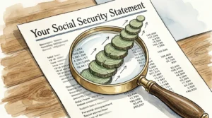 An ink and watercolor illustration of a magnifying glass over a Social Security statement, revealing a growing staircase of tree rings.
