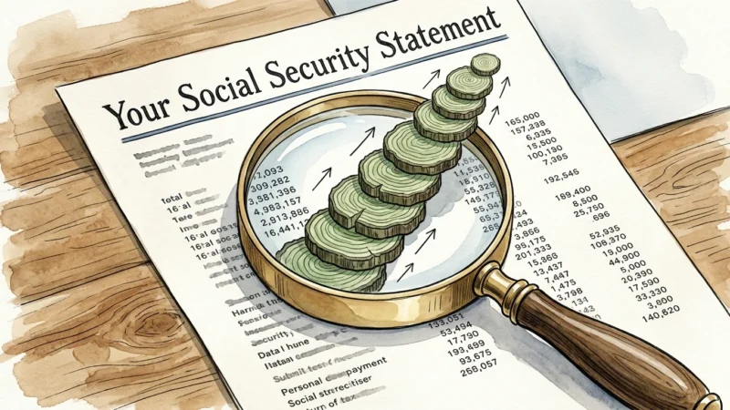 An ink and watercolor illustration of a magnifying glass over a Social Security statement, revealing a growing staircase of tree rings.