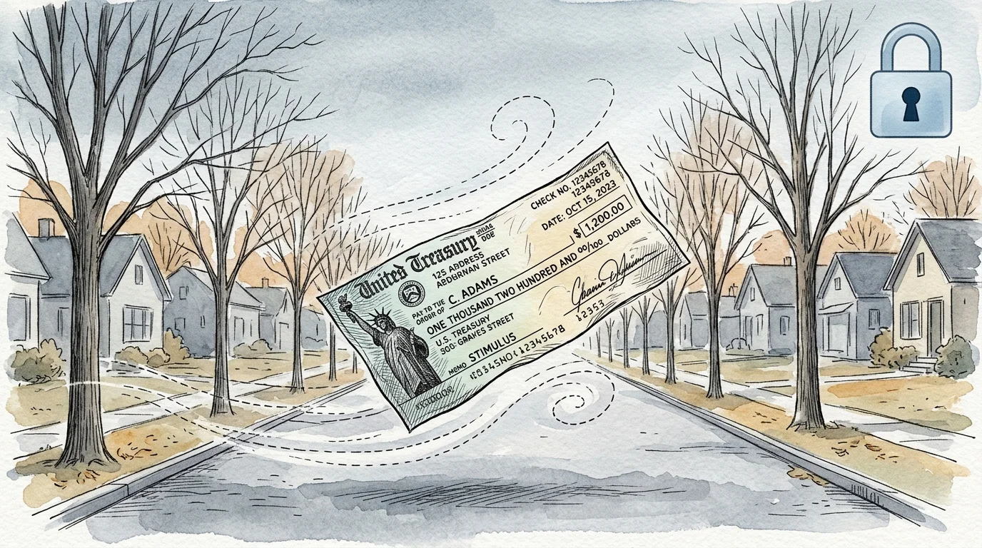 An ink and watercolor illustration of a paper check blowing away in the wind down a quiet street, symbolizing lost mail.