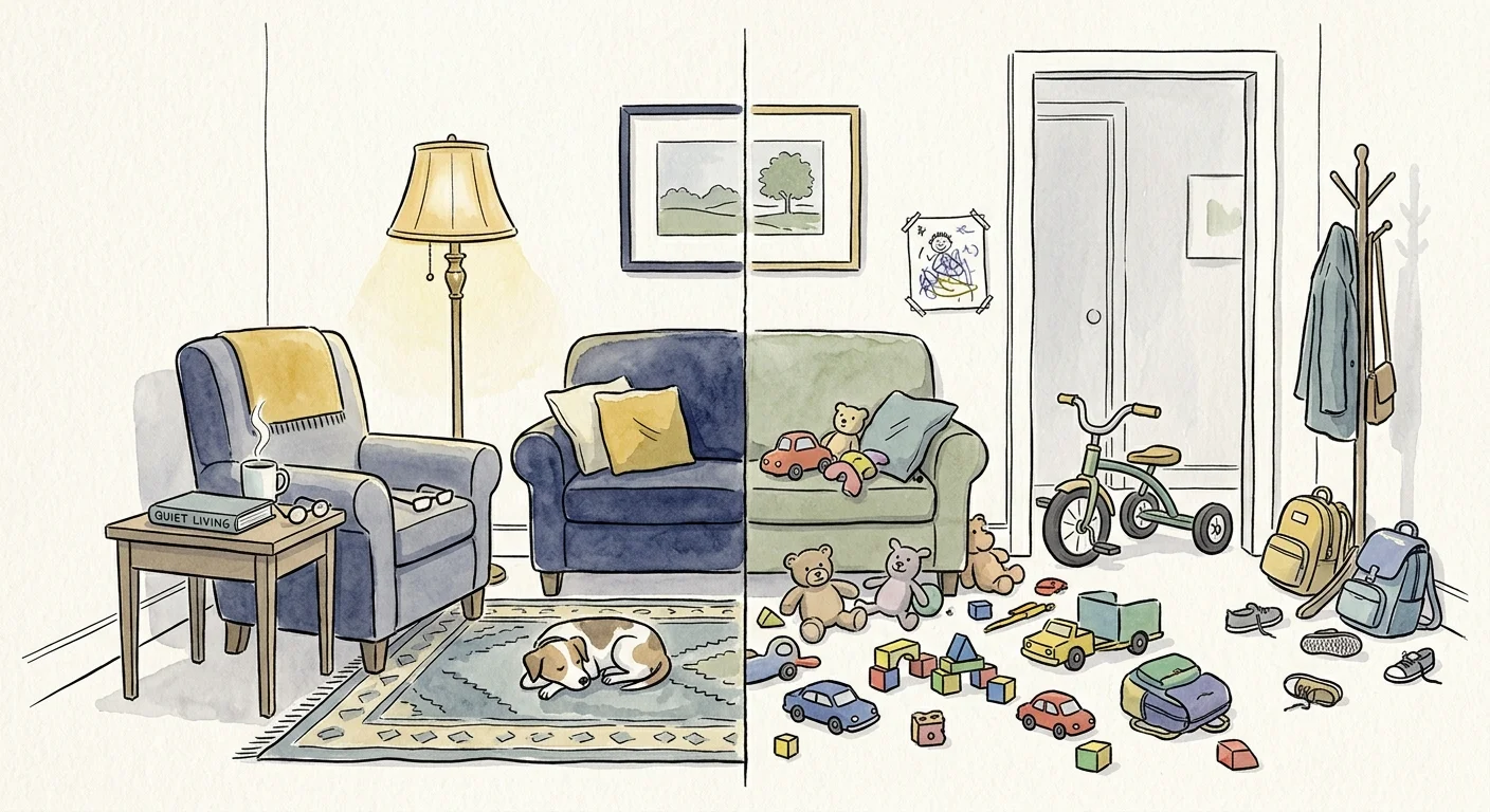 An ink and watercolor illustration of a quiet reading corner being overtaken by children's toys, symbolizing blurred boundaries.