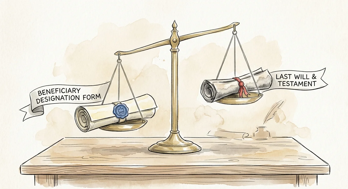 An ink and watercolor illustration of a scale showing a Beneficiary Designation form outweighing a Last Will and Testament.