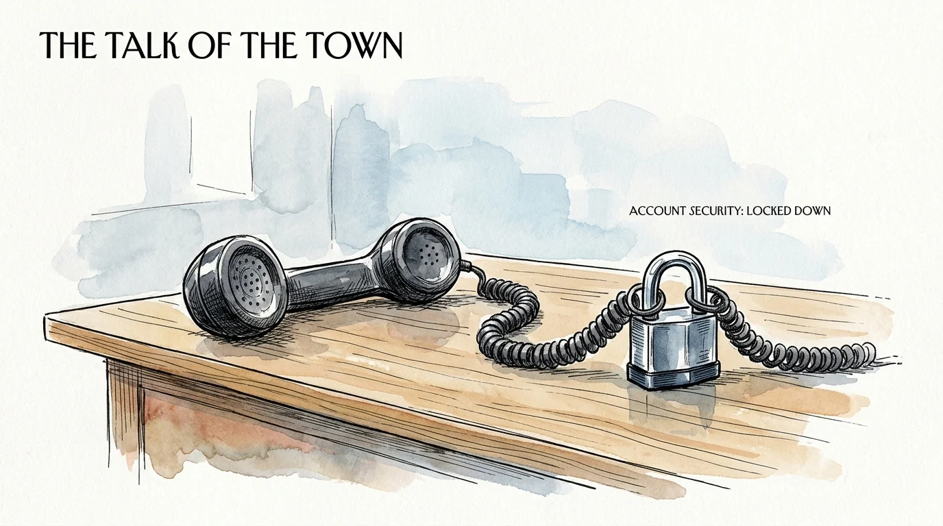An ink and watercolor illustration of a vintage telephone receiver locked with a steel padlock on a wooden desk.