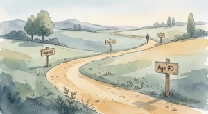 An ink and watercolor illustration of a winding path with signs for Age 62, Age 67, and Age 70, symbolizing retirement decisions.