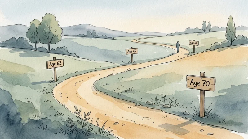 An ink and watercolor illustration of a winding path with signs for Age 62, Age 67, and Age 70, symbolizing retirement decisions.