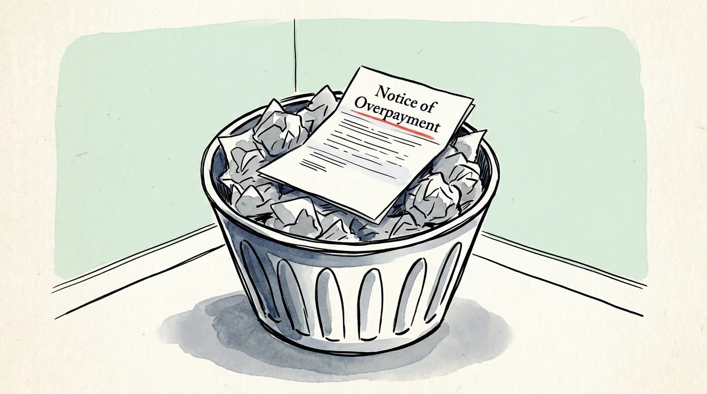 An ink and watercolor illustration of an overpayment notice resting on top of a wastebasket.