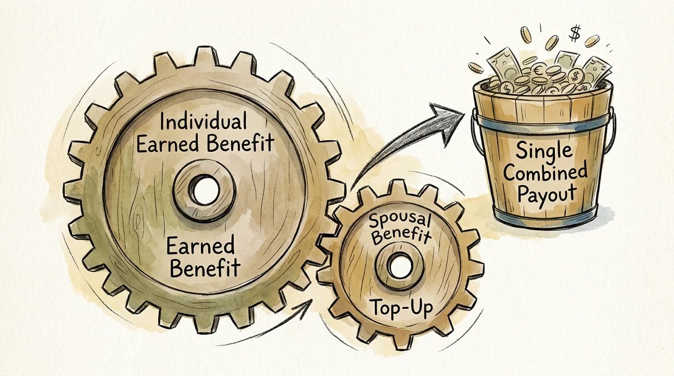 An ink and watercolor illustration of two interlocking wooden gears representing individual and spousal benefit coordination.