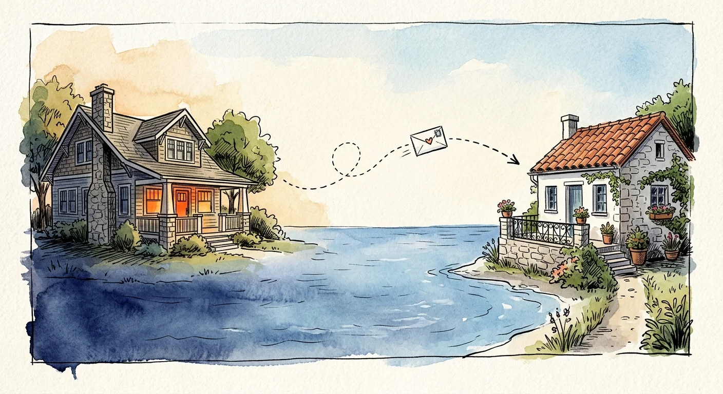 An ink and watercolor illustration showing a dotted path connecting a house in the U.S. to a seaside cottage abroad, symbolizing overseas pa