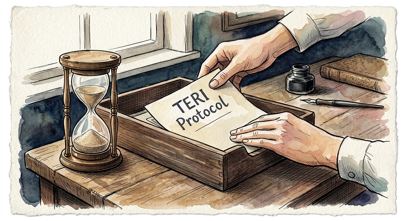An ink and watercolor illustration showing a hand placing a TERI Protocol document into a wooden tray next to an hourglass.