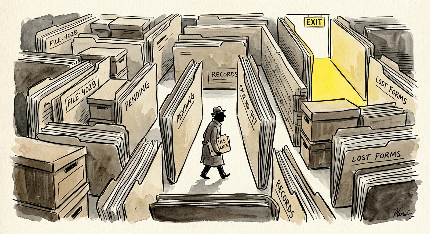 An ink sketch and watercolor illustration of a person navigating a maze formed by giant manila folders and filing boxes.
