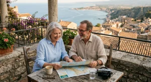 An older American couple sits on a sunlit European balcony overlooking the sea, planning their retirement journey together.