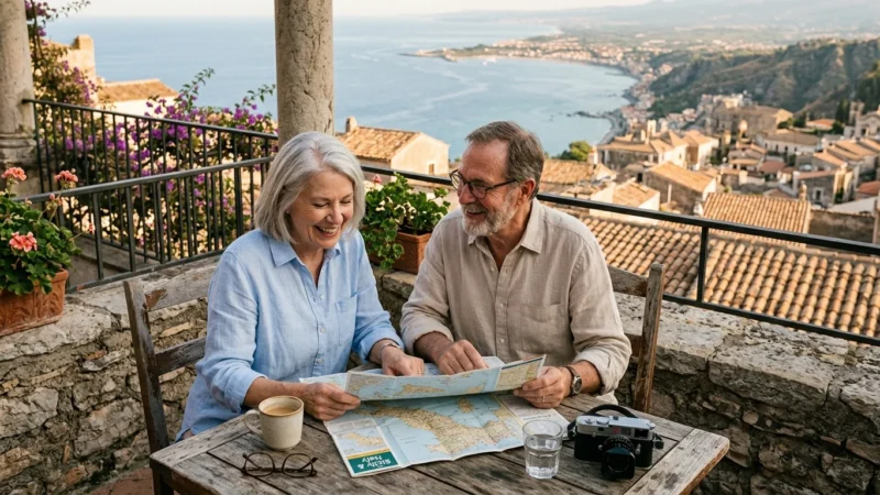 An older American couple sits on a sunlit European balcony overlooking the sea, planning their retirement journey together.
