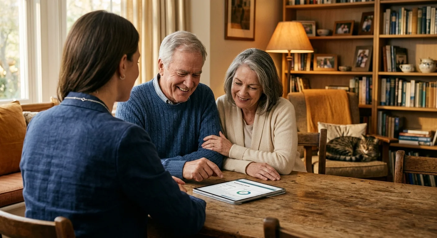 An older couple consulting comfortably with a casual financial advisor at their warm dining room table.