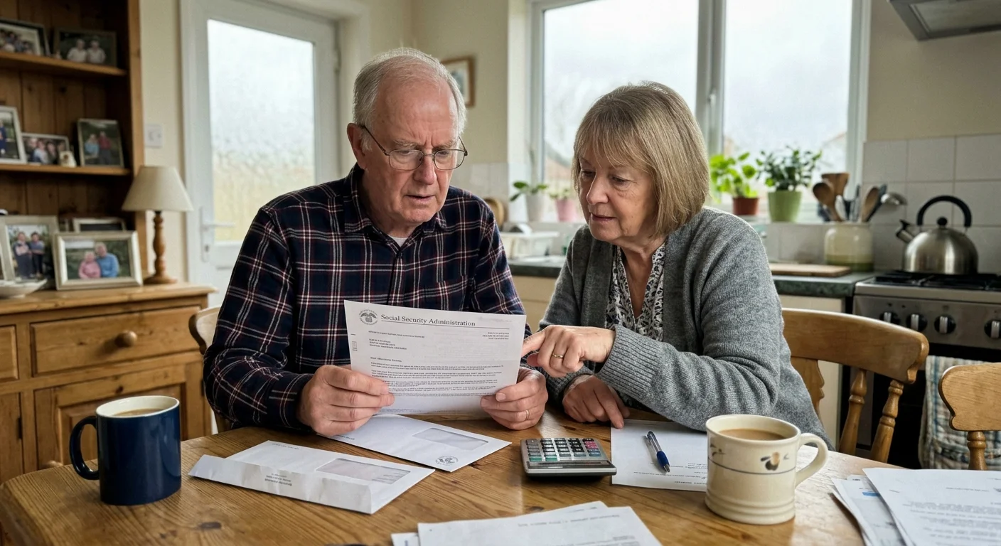 An older couple in casual home attire reviews a complex Social Security letter at their kitchen table in natural morning light.