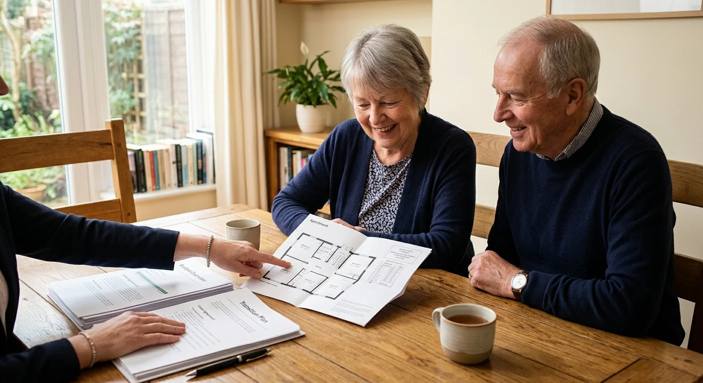 An older couple reviews housing plans with an advisor in a sunlit room, looking hopeful and relieved.