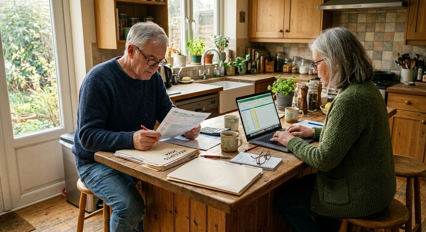 An older couple reviews physical documents and enters data on a laptop at their kitchen island in natural afternoon light.