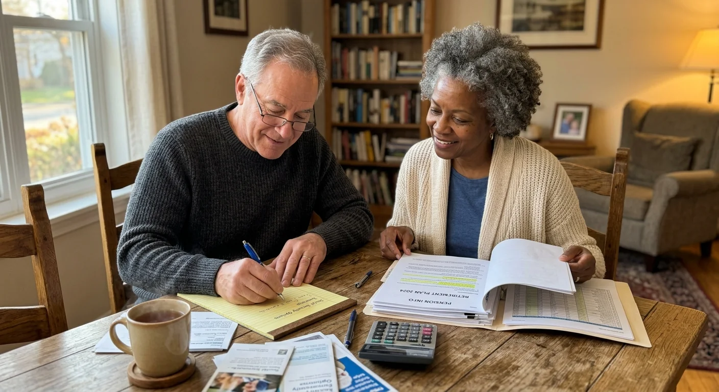 An older couple sitting at a wooden kitchen table reviewing financial paperwork together in warm natural light.